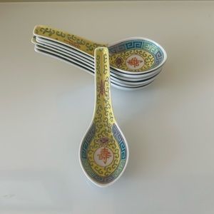 China Jingdezhen Wanshou Porcelain Soup Spoons Yellow Hand Painted Set of 7